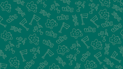 Green Education Doodle Pattern Background with DNA Music and ABC Icons