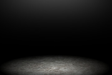 Minimal & simple dark stage background, spotlight shining on the grunge cement floor, empty studio room backdrop, blank space, illustration design for display product