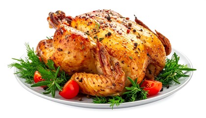 A whole roasted chicken, golden brown and seasoned, rests on a white plate with fresh herbs and cherry tomatoes