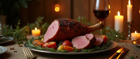 Cinematic holiday feast scene with a succulent glazed ham centerpiece; gentle candlelight flickers and a slow pan across an elegant dining table, enhancing festive culinary ambiance.