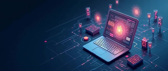 Futuristic digital interface with icons floats around a glowing laptop screen; camera slowly pans as ambient light flickers, creating a cinematic tech innovation atmosphere. - Powered by Adobe