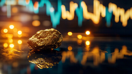 Shimmering gold nugget reflecting on table with finance stock chart displayed behind it