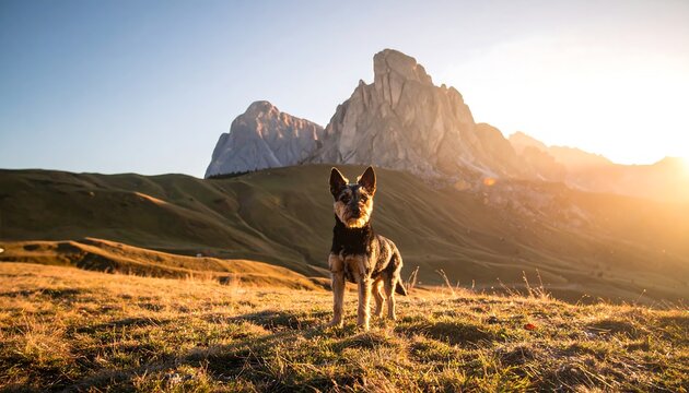 A scenic outdoor shot features a dog standing proudly in a field with mountains in the background during golden hour