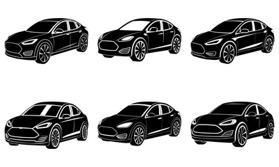 Six black tesla model s cars displayed in a grid pattern with varying angles and perspectives shown here