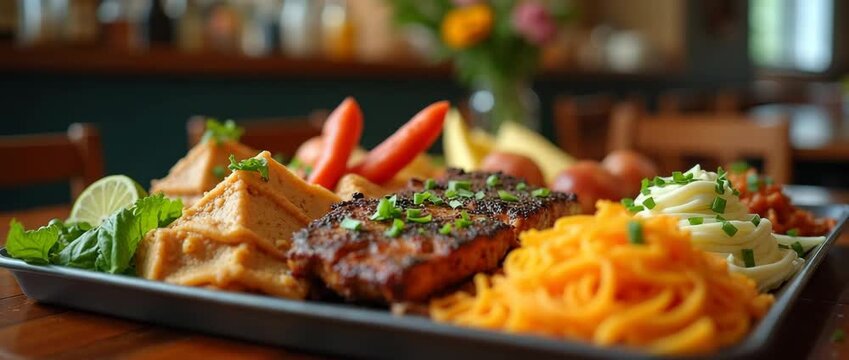 Vibrant culinary display with assorted gourmet dishes on a wooden table, camera gently pans across sizzling meats and colorful sides, ambient light flickers, cinematic and appetizing.