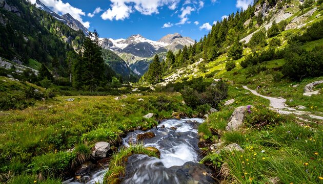 Lush valley scene with a clear stream winding through meadows and forests, leading to snow-capped mountains under a bright blue sky
