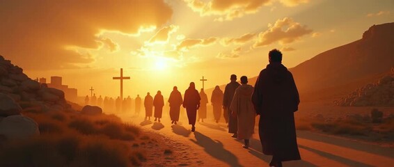 Monks walk solemnly towards the glowing sunset, as the camera gently pans, capturing the serene desert landscape in a cinematic, spiritual journey with ambient light changes.