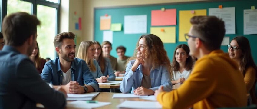 Collaborative group discussion in a bright classroom, students animatedly exchanging ideas; camera gently pans across smiling faces, capturing dynamic academic environment in cinematic style.