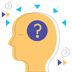 Blue Question Mark Symbol Inside representing confusion or introspection with abstract arrows and swirls around the head on a transparent background