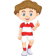 Illustration Of A Young Boy In A Red And White Striped Polo Shirt And White Shorts Pointing Upwards On A Transparent Background