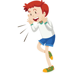 Illustration of a young boy with red hair shouting loudly with his hands cupped around his mouth against a transparent background with sound waves emanating from him