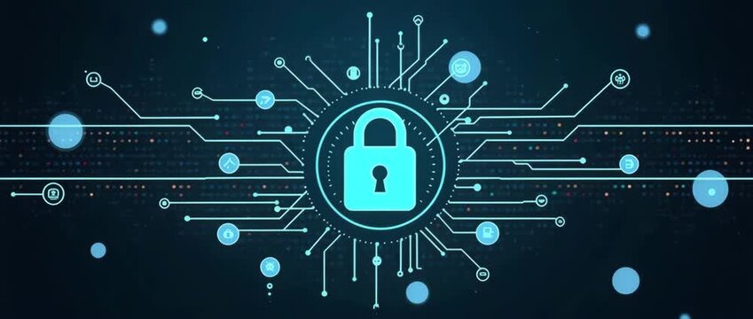 Futuristic cybersecurity concept with a digital lock icon pulsating at the center, surrounded by animated data lines; camera executes a slow zoom, enhancing the cinematic tech ambiance. - Powered by Adobe