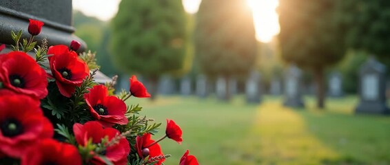 Vivid red poppies sway gently in the breeze near a stone monument, as the camera pans slowly across a serene cemetery at sunset, capturing a tranquil, cinematic ambiance.