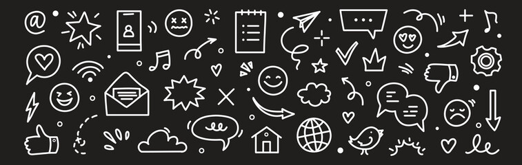 Emoji internet sketch icon set. Internet conversation, media outline tech emoji, star, arrow shape. Hand drawn sketch chat emoticon reaction, digital cloud, smile face elements. Vector illustration 