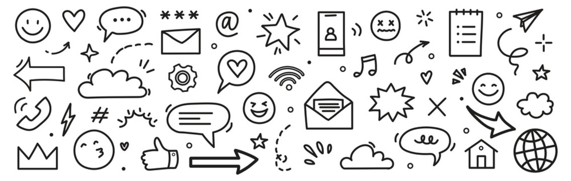Emoji media hand drawn doodle icon set. Internet conversation, media outline tech emoji, star, arrow shape. Hand drawn sketch chat emoticon, digital cloud, smile face elements. Vector illustration