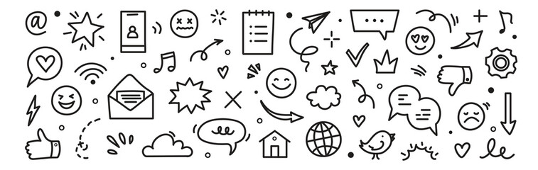Emoji internet sketch icon set. Internet conversation, media outline tech emoji, star, arrow shape. Hand drawn sketch chat emoticon reaction, digital cloud, smile face elements. Vector illustration 