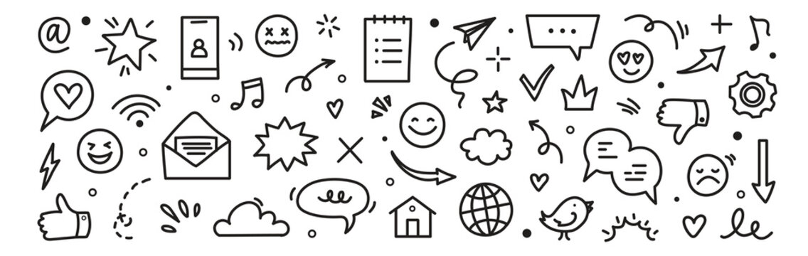 Emoji internet sketch icon set. Internet conversation, media outline tech emoji, star, arrow shape. Hand drawn sketch chat emoticon reaction, digital cloud, smile face elements. Vector illustration 