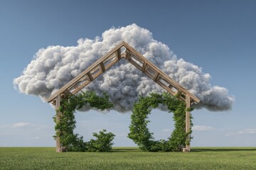 Reducing carbon footprint with a wooden house frame surrounded by greenery under a cloudy sky