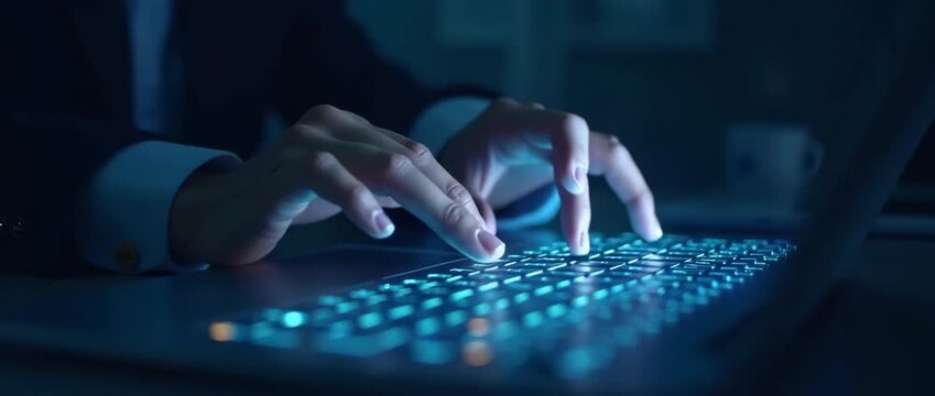 Hands type swiftly on an illuminated keyboard in a sleek, cinematic office setting; the camera gently pans, capturing the ambient glow and subtle movements of innovation and technology.