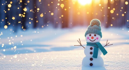 A cute snowman with a teal hat and scarf stands in a snowy forest during sunset with bokeh lights