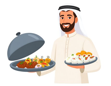 Smiling man in traditional wear holding covered platter & sushi - Powered by Adobe