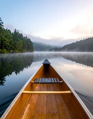 A wooden canoe glides across still water towards a misty horizon, framed by dense green trees on either side. Calmness and early morning serenity