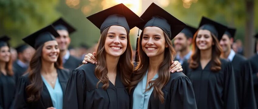 Graduates celebrate with joyful hugs in a bright, cinematic setting as the camera slowly pans, capturing heartfelt moments and gentle ambient motion, ideal for educational success stories.