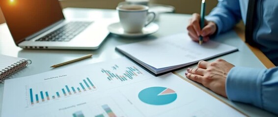 Business professional analyzing financial charts with gentle hand motion, as the camera slowly pans over a sunlit office desk; cinematic and focused on data-driven decision-making. - Powered by Adobe