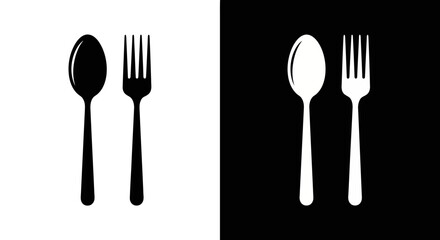 Striking graphic illustration of a spoon and a fork, displayed in high-contrast black and white; essential icons representing dining cutlery and readiness for meals