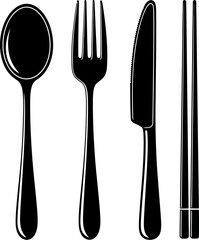 Black and white cutlery set Spoon, fork, knife, and chopsticks for dining. Ideal for restaurants or food illustrations