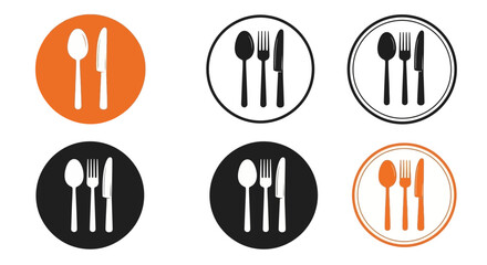 Stylish collection of vector dining cutlery icons featuring spoons, forks, and knives in various color schemes, ideal for restaurant menus, food blogs, or culinary design projects
