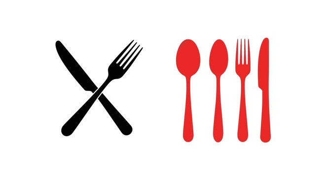 Graphic illustration of dining cutlery a black crossed knife and fork, and a red set of spoons and a knife. Represents meal service and restaurant concepts
