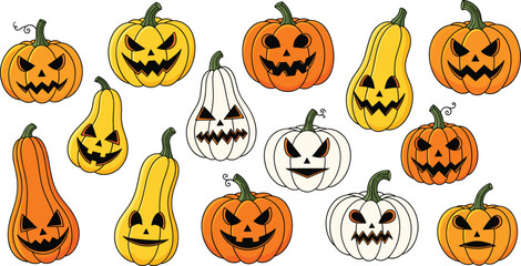 Set of Halloween Jack-o'-lantern Pumpkins Vector Illustration, Scary and Funny Carved Squash Faces.