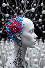 Serene Female Portrait with Molecular and Network Elements