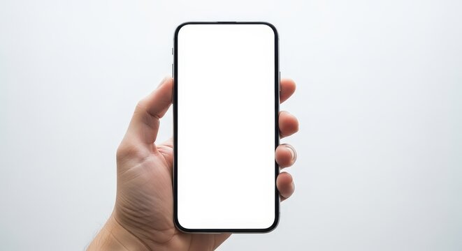 Hand Holding a Smartphone with Blank Screen in Minimalist Background for Mockup Presentations
