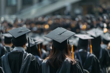 Graduation ceremony where college students wear black gowns and mortarboards celebrating a significant milestone in their education