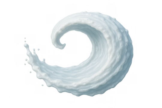 Milk splash forming a swirling cream wave with droplets, representing freshness and motion on transparent background