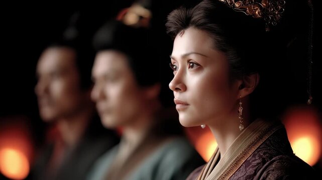 Close-up of Tang Dynasty Court Figures Showcasing Classical Oriental Beauty