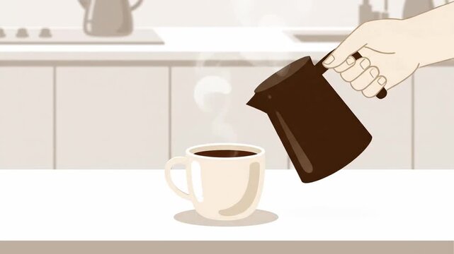 Animated Hand Pouring Hot Coffee into a Cup in the Kitchen.