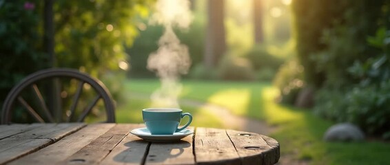 Steaming cup of coffee gently steaming on rustic wooden table, camera slowly pans through sunlit garden scene with swaying leaves, in a cinematic and serene morning setting.