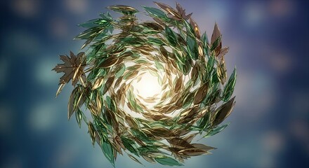 Stunning circular leaf arrangement radiating light, perfect for nature-inspired designs and calming visual concepts, a vibrant and elegant backdrop for creative projects