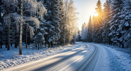 Winding snowy road through a sunlit winter forest with frostcovered trees