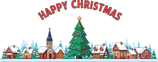 Obraz premium Happy christmas with snowy town and christmas tree
