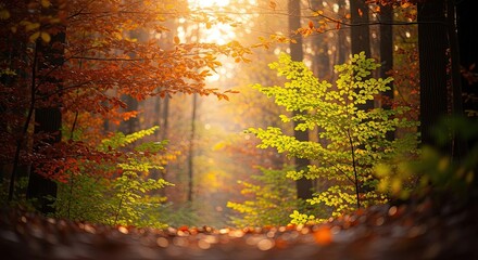 Stunning autumn forest with vibrant foliage and golden sunlight filtering through trees, perfect for travel blogs, nature documentaries, and seasonal marketing campaigns
