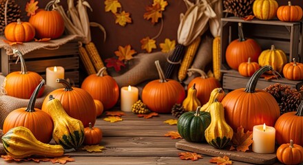 Create a cozy autumn mood with this stunning display of pumpkins, gourds, and fall foliage perfect for Thanksgiving promotions and seasonal marketing campaigns, bring warmth and charm to your designs