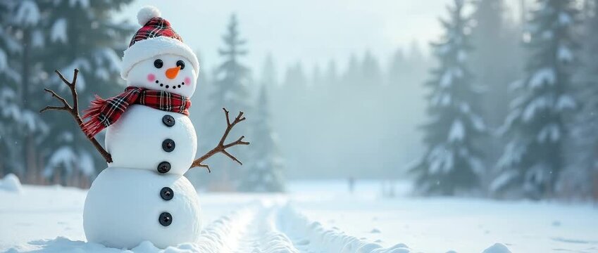 A cheerful snowman stands in a serene winter landscape, snowflakes gently falling around, as the camera slowly pans to reveal a forest backdrop, capturing a cinematic, festive atmosphere.