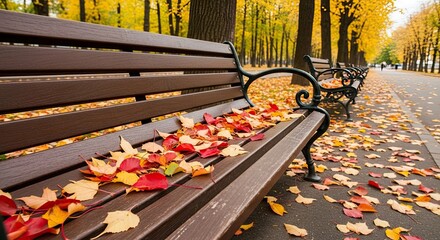 Experience the serene beauty of autumn with colorful leaves adorning park benches, perfect for fall promotions, seasonal campaigns, or peaceful nature scenes