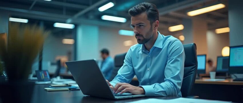 Focused professional man typing on laptop in modern office, cinematic style, with ambient lights flickering and camera slowly panning; ideal for business, technology, and productivity themes. - Powered by Adobe