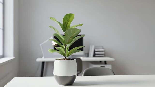 Modern Workspace with Fiddle Leaf Fig Plant and Computer - Clean, Minimalist Office Interior Stock Footage