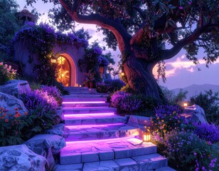 Stone staircase leading to a whimsical cottage with glowing lights